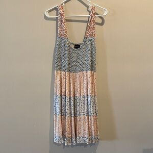 Smocked Floral Tiered Mini Dress in Blue & Pink